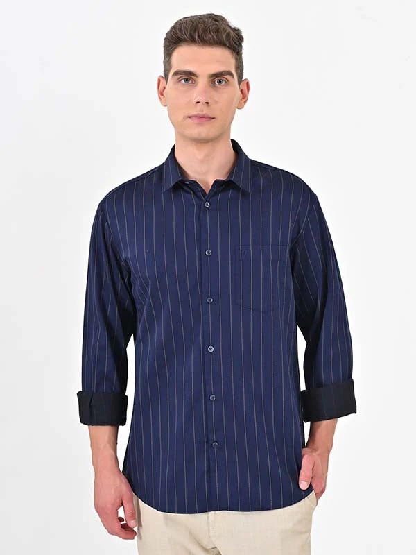 Indian Terrain Men's Regular Fit Full Sleeve Striped Navy Shirt